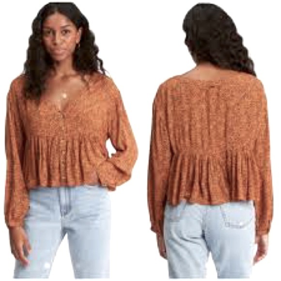 Billabong Shirt Medium women’s Peplum Top Animal Print Brown Black Long Sleeve - Picture 1 of 12